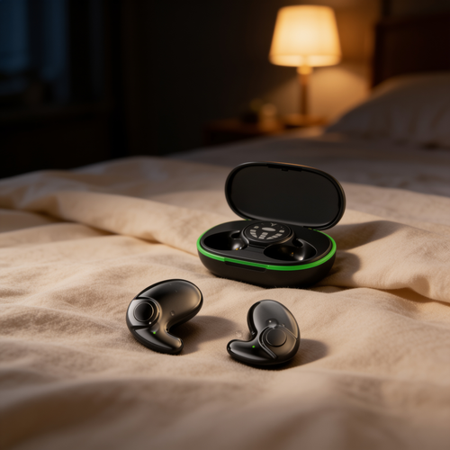 SilentEar sleep earbuds and glowing charging case on a bed at night