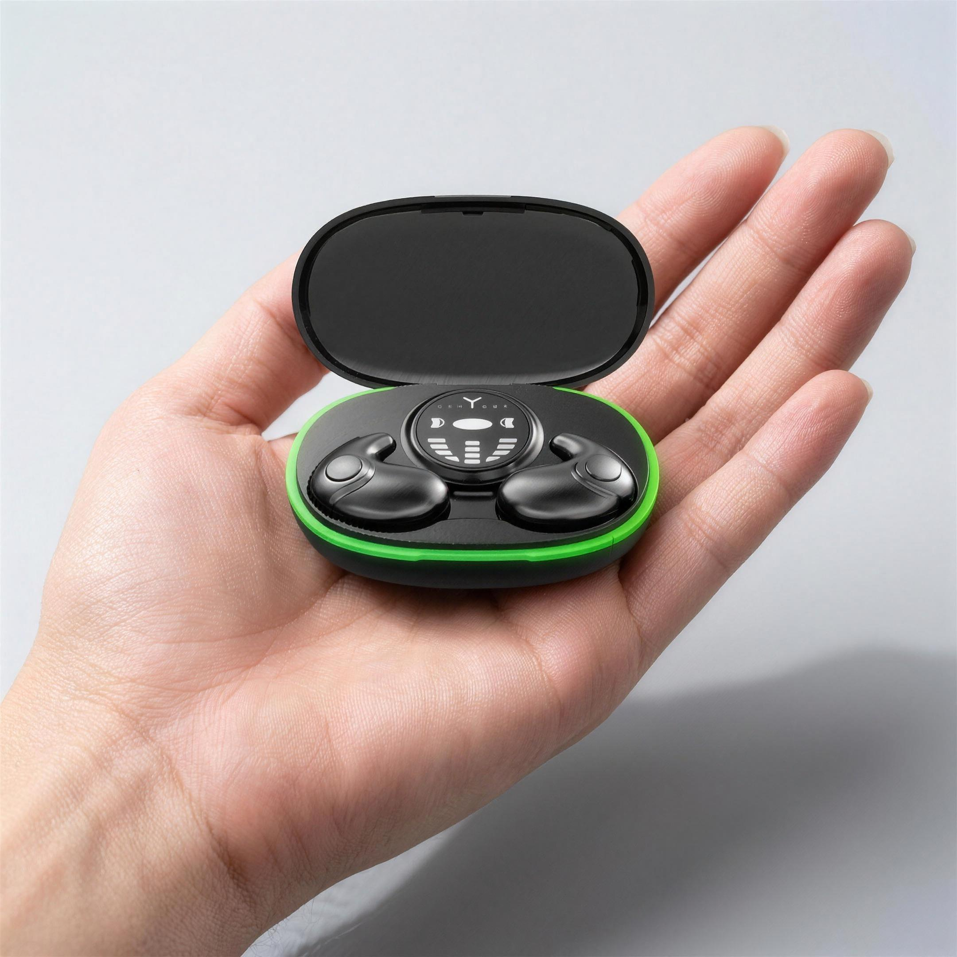 Compact SilentEar charging case with earbuds held in a hand for scale