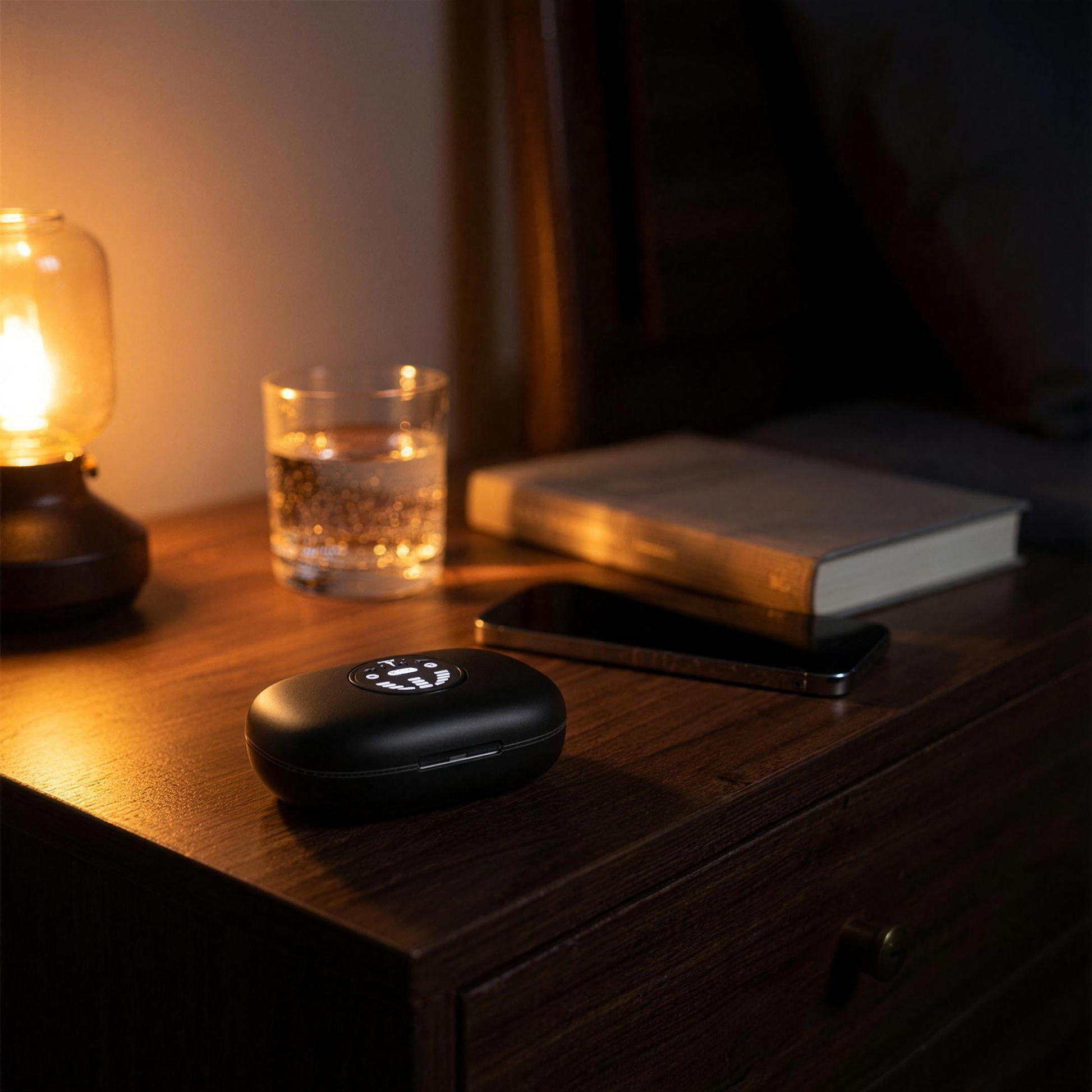 SilentEar charging case with LED battery display glowing on a nightstand
