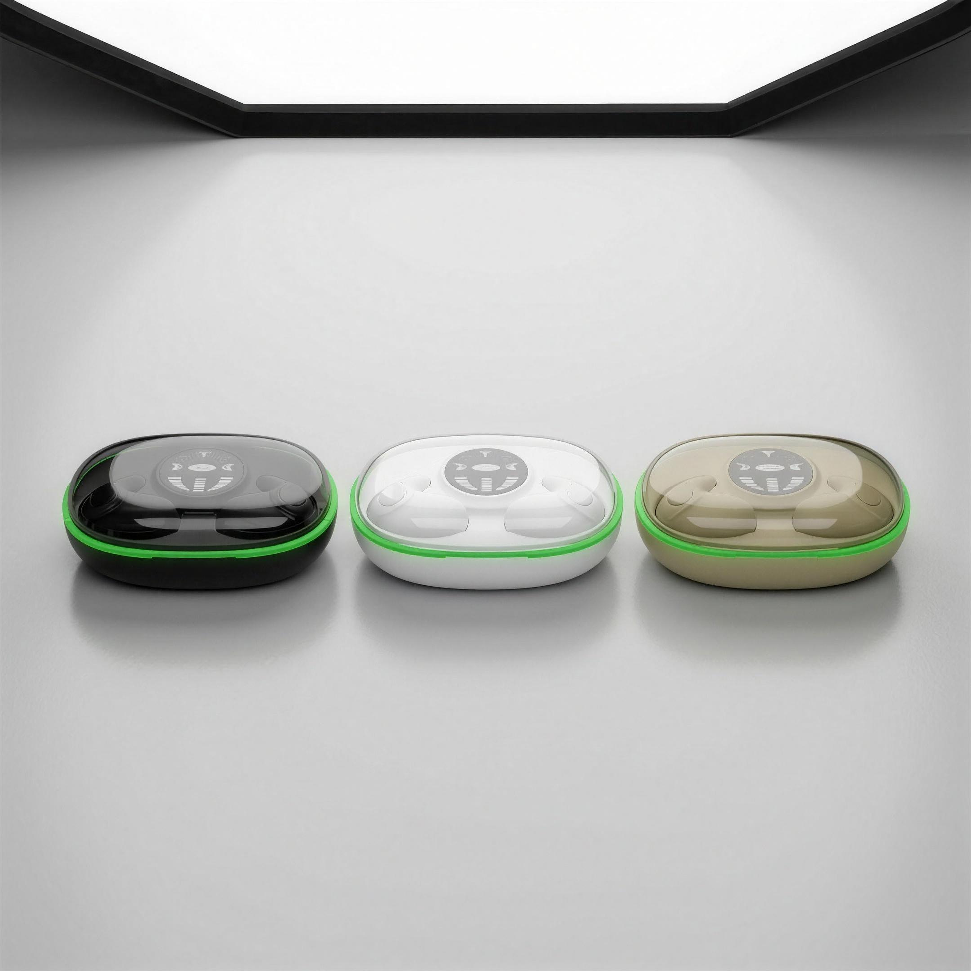 SilentEar sleep earbuds charging cases in black, white and khaki