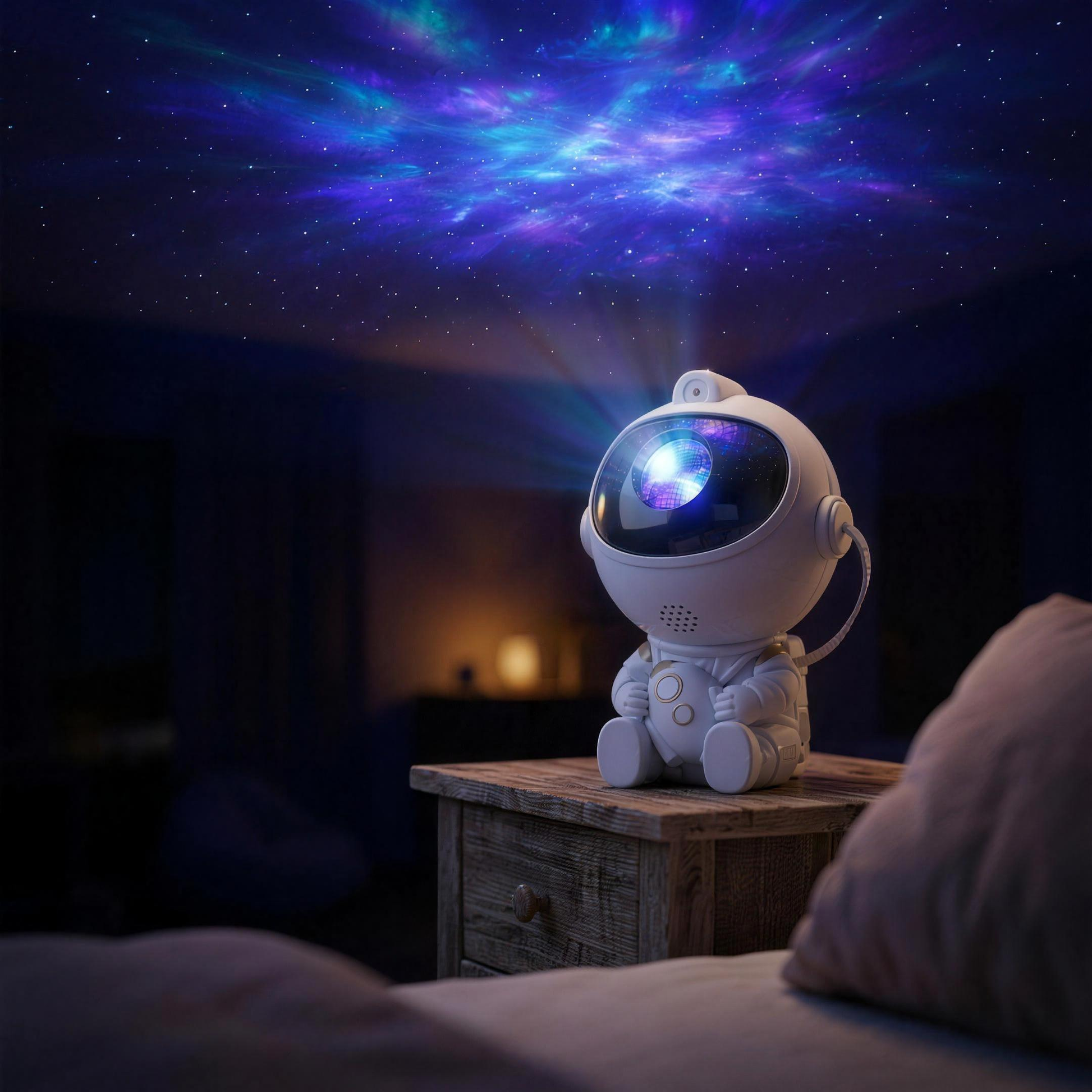 Astronaut Galaxy Projector projecting a nebula onto a bedroom ceiling at night