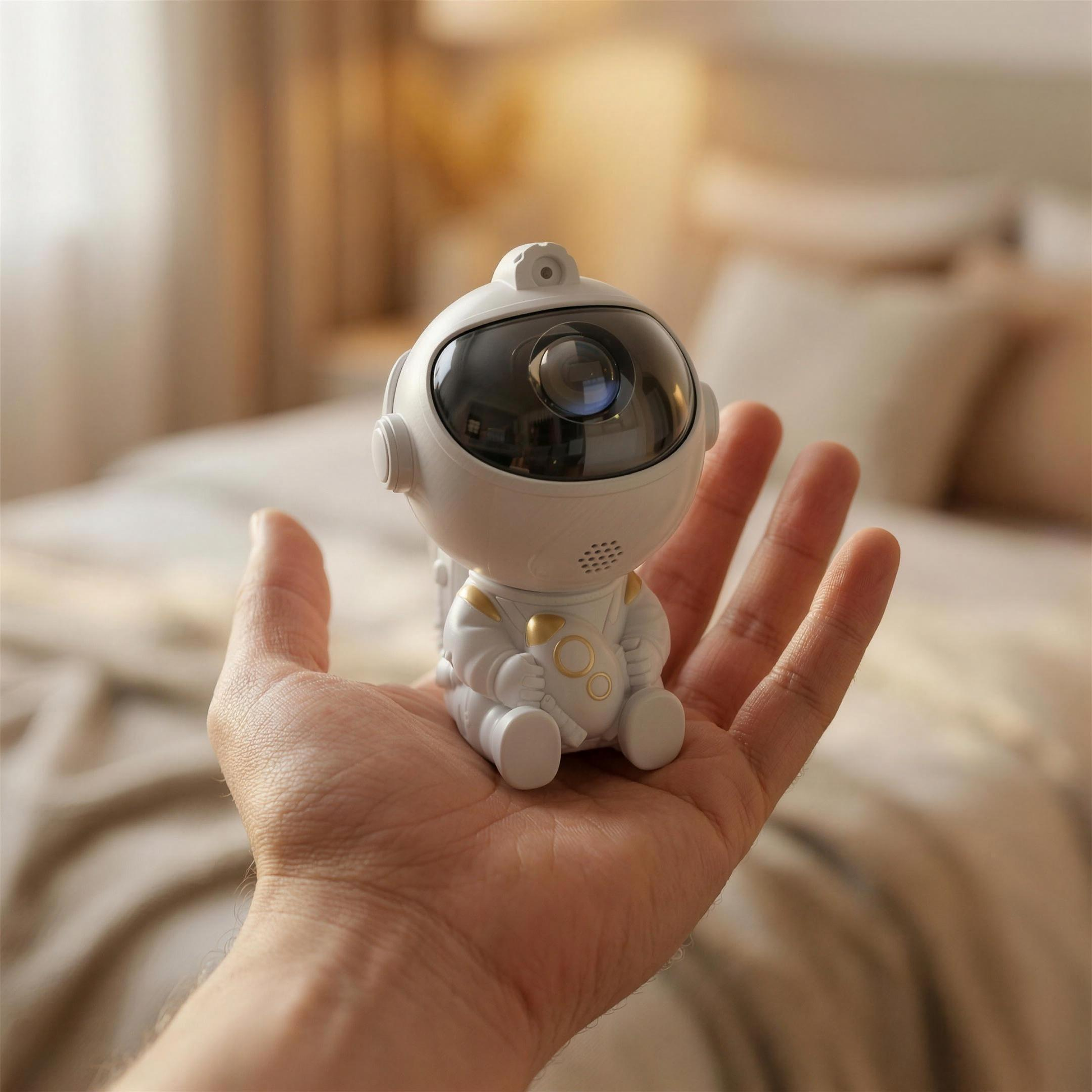 Hand holding the compact Astronaut Galaxy Projector