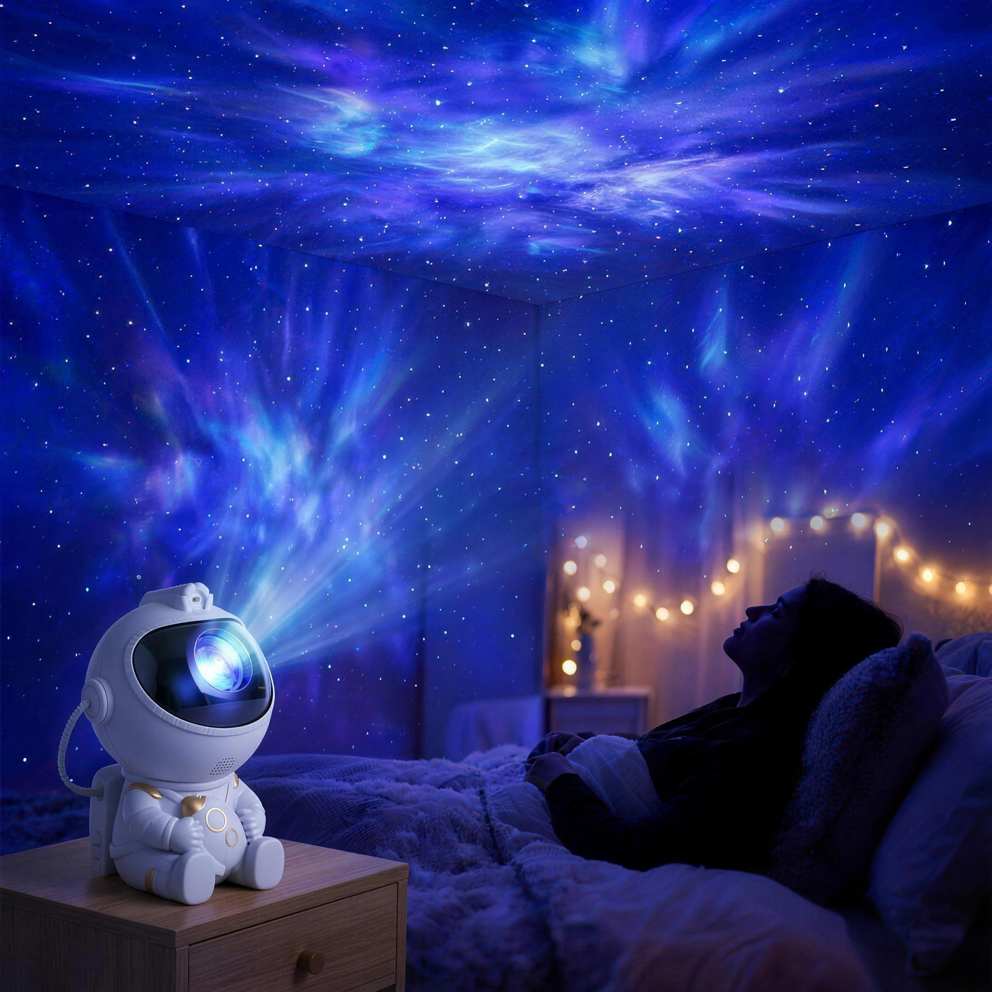 Bedroom fully transformed by galaxy projector light